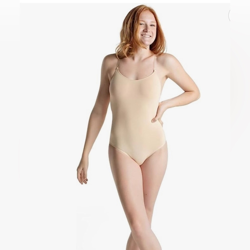 Capezio lightweight nude camisole bodysuit with clear straps